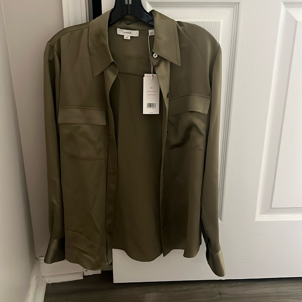Vince silk chest-pocket long-sleeve blouse size s